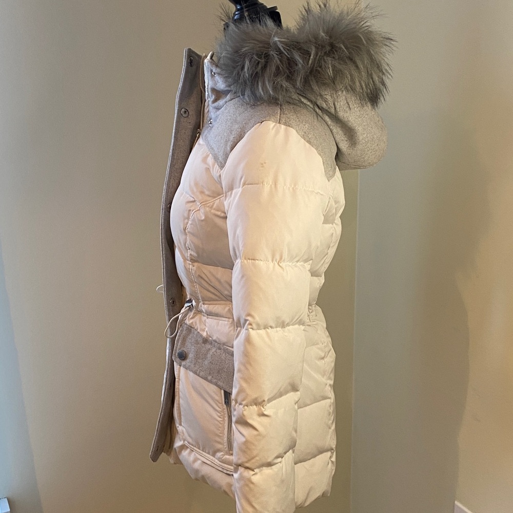 Kenneth Cole Cream and Gray Puffer Jacket with Faux Fur Hood - Picture 4 of 9
